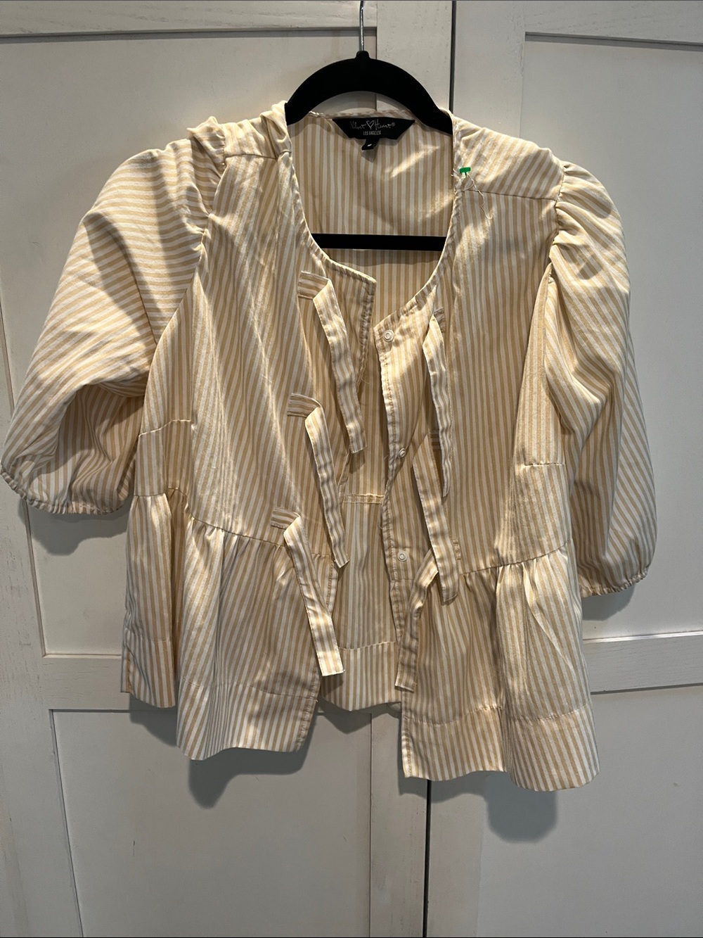 Velvet Heart Cream and White Striped Tie-Front Peasant Blouse